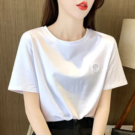 Han Dāmas baltā īsām piedurknēm t-krekls jaunu zaudēt apaļu kakla zemāko krekls ar pusi piedurknēm melnā augšu