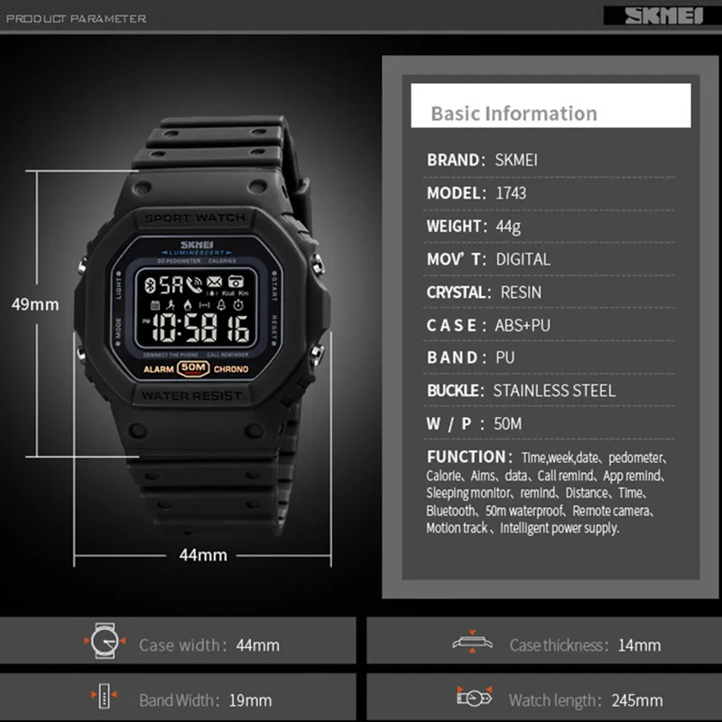 Smart Skatīties Vīrieši Sievietes Smartwatch Zvanu Atgādinājumu Bluetooth rokas pulksteņi Vīriešu Sporta Smart Pulksteņi Reloj Inteligente SKMEI 1743