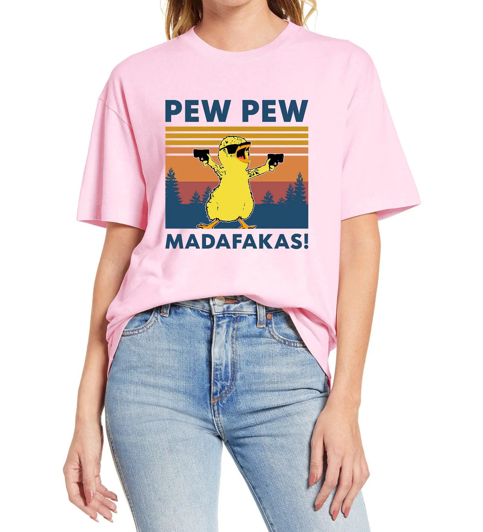 Smieklīgi Vistas Pew Pew Madafakas Gangsteris Même T-Krekls Vintage Sieviešu Kokvilnas Unisex T-Veida Kokvilnas Augšu