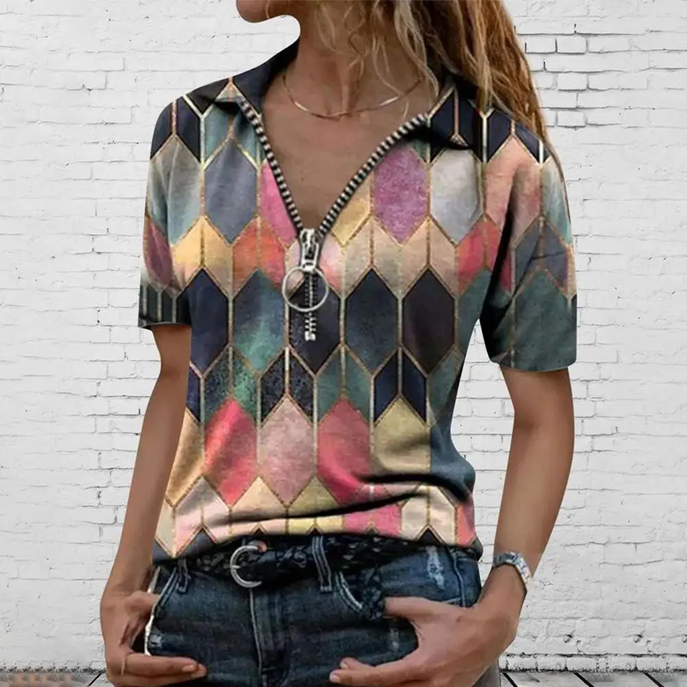 Sieviešu Tops ar V-veida Kakla Īss T-krekls Ģeometriskā Kokvilnas Drukāt Īsām Piedurknēm Top Modes Sieviešu Rāvējslēdzēju Blūze Jaunu Stilu Vasaras