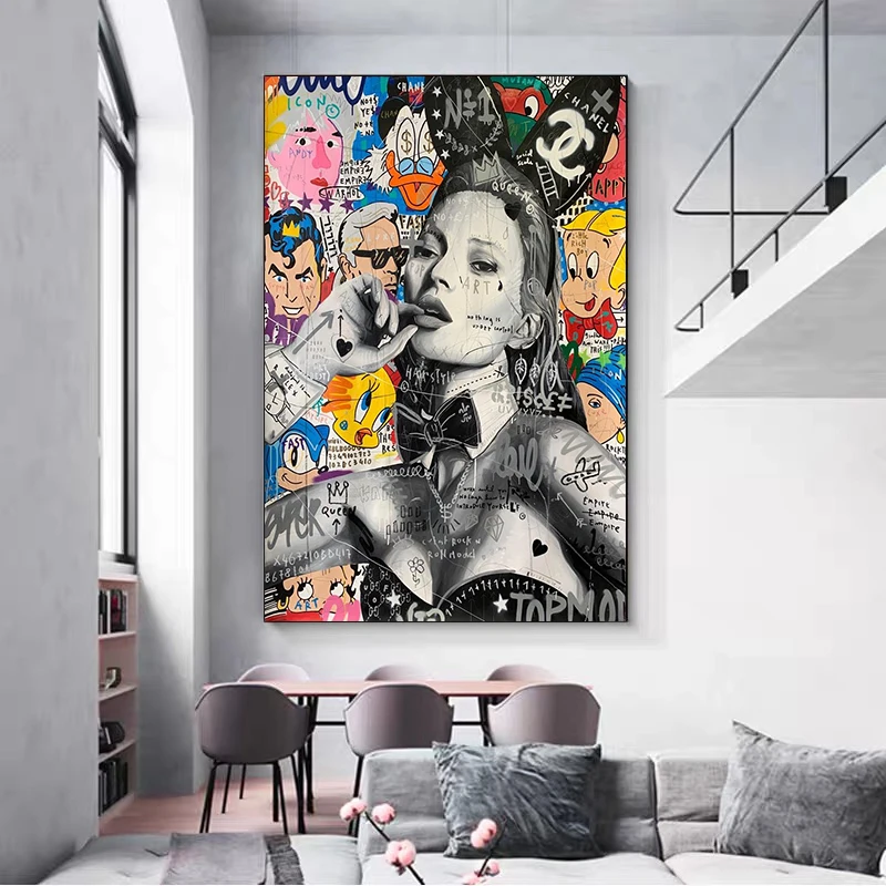 Mūsdienu Grafiti Mākslas Sievieti Zaķis Meitene Ar Pērļu Plakāti un Izdrukas Audekls Gleznas, Sienas Mākslas Aina Dzīvojamā Istaba Dekori