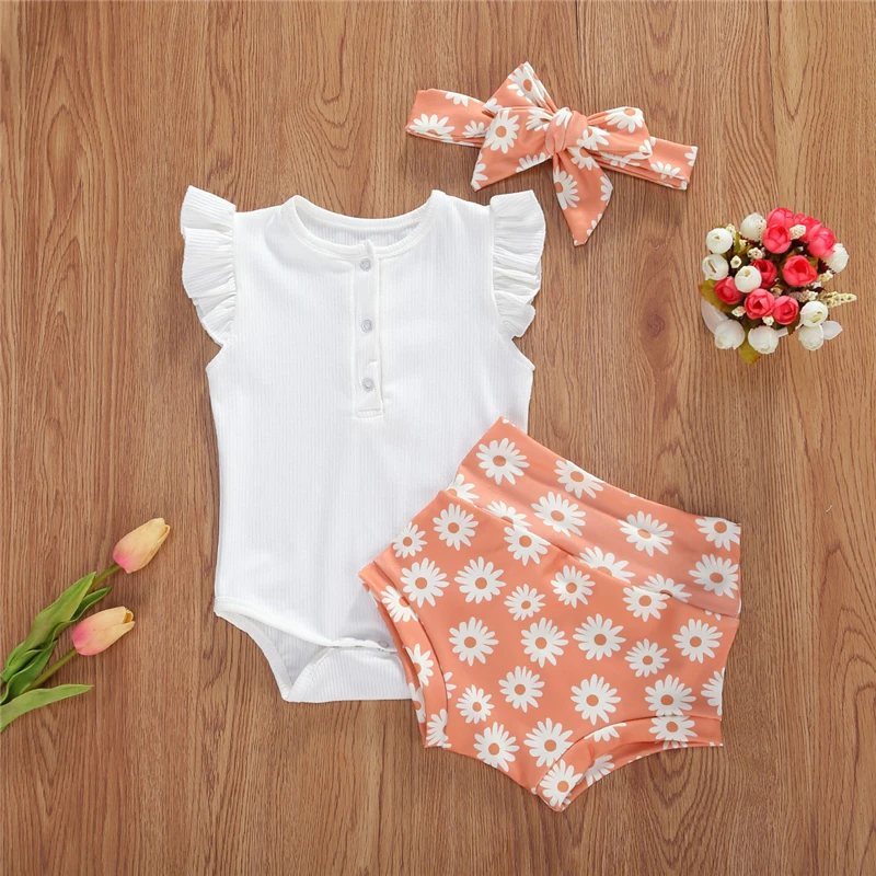 Jauks Zīdaiņu Bērnu Meiteņu Drēbes 3-gabals Apģērbs Uzstādīt Lidot Piedurknēm tīrtoņa Krāsu Romper+Print Bikses+Galvas Kopa Apģērbu Kostīms