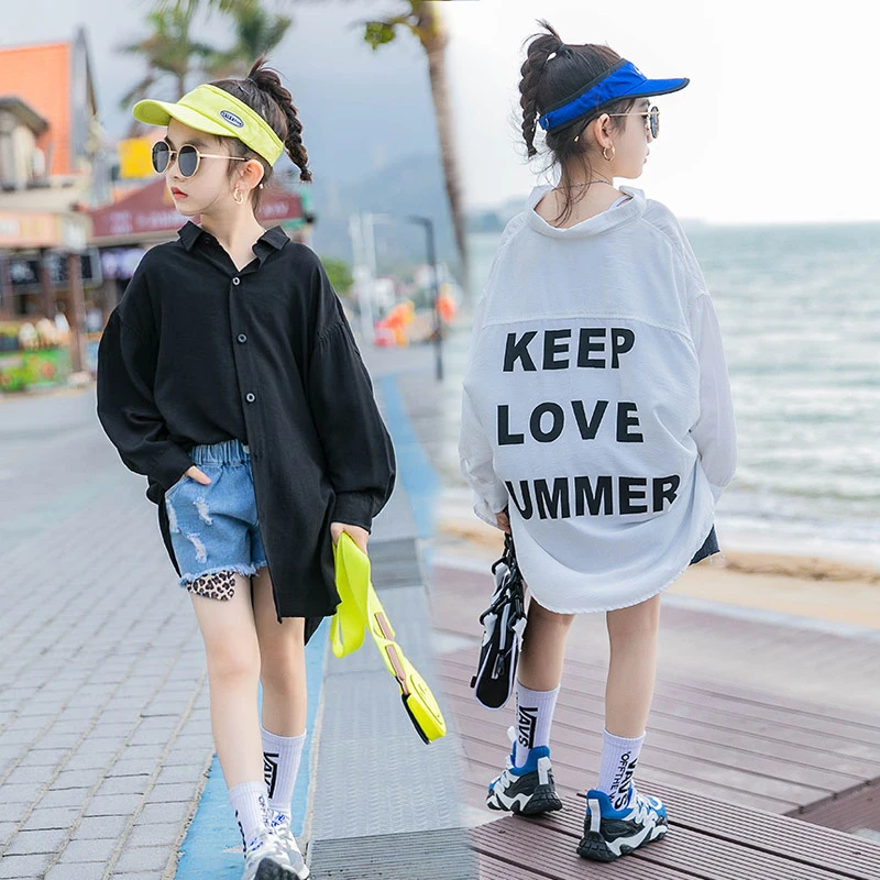 Meitenes Blūze Vasaras Elpojošs Plānas Krekls ar garām Piedurknēm Tīņi Ir 2021. Bērnu Apģērbu Vidēja garuma Krekli Bērniem, Saules Aizsardzības Mēteļi