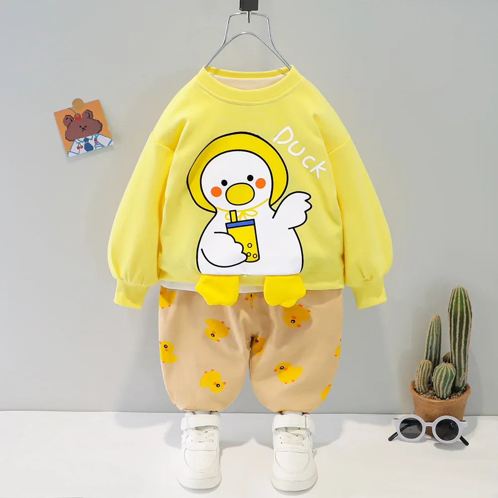 Baby Toddler Apģērbu Meitene Komplekti Rudens Karikatūra Pīļu Hoodies+Bikses Divdaļīga Bērnu Uzvalks Korejiešu Sporta Gadījuma Jaundzimušā Zēna Apģērbs
