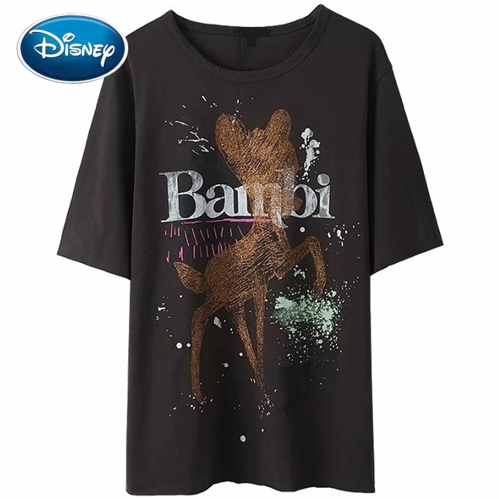 Disney T-Krekls Harajuku Bambi Briežu Tintes Grafiti Vēstuli Karikatūra Izdrukāt Īsām Piedurknēm Modes Sievietēm, O-Veida Kakla Gadījuma T-Veida Topi, Sieviešu
