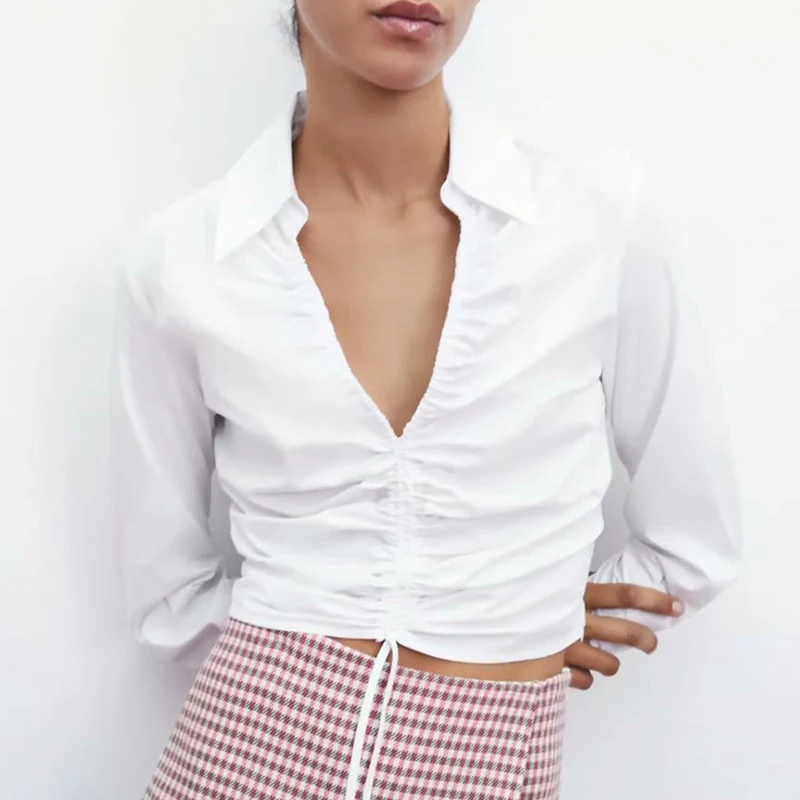 Za 2021. gada Vasaras Sieviešu Blūze Modes Sexy Shirring V-veida kakla Krekls Ikdienas Kokvilnas Krekls Dāmas, Elegants ar garām Piedurknēm ar Īsām Topi, Ropa
