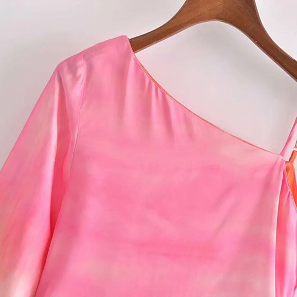 Za Sievietes Ir 2021. Modes Asimetrijas Bowknot kaklasaišu krāsošanas Drukāt Blūzes Vintage garām Piedurknēm Sānu Šķēlumi Sieviešu Krekli Blusas Šiks Topi