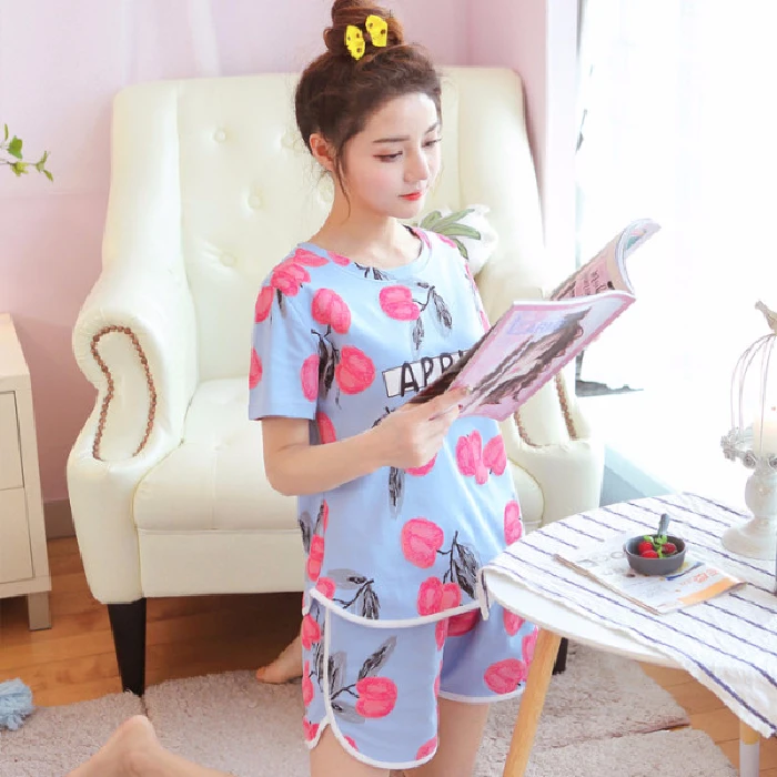 Vasaras Pidžamas Komplekts Sievietēm ar Īsām Piedurknēm Apple drukāt Kawaii korejiešu Stilā, pidžamas Harajuku Mīksto Sleepwear Zaudēt Pijama Meitenes Set