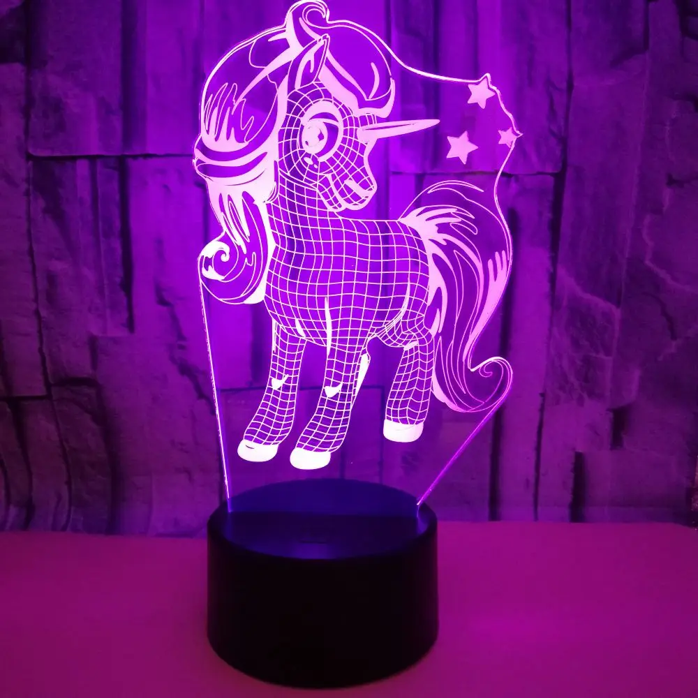 Unicorn 3D Nakts Gaisma Poniju Meiteni Bērna Dāvanu Mullticolor USB 3D Lampas Karikatūra RGB LED Blakus Luminaria Bērns Rotaļlietu, Galda Dekori