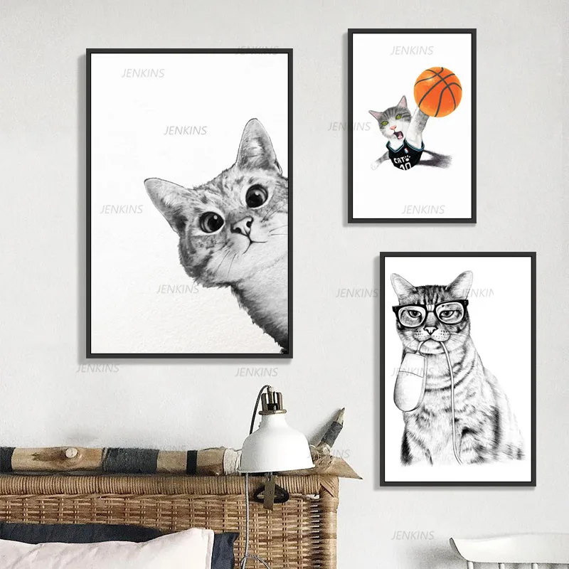 Smieklīgi Dzīvnieku Kaķis Sienas Mākslas Audekla Plakāta un Drukas Pirmsskolas Dekoratīvu Attēlu Krāsošana Ziemeļvalstu Bērnu Kid Guļamistaba Dekorēšana Jenkins