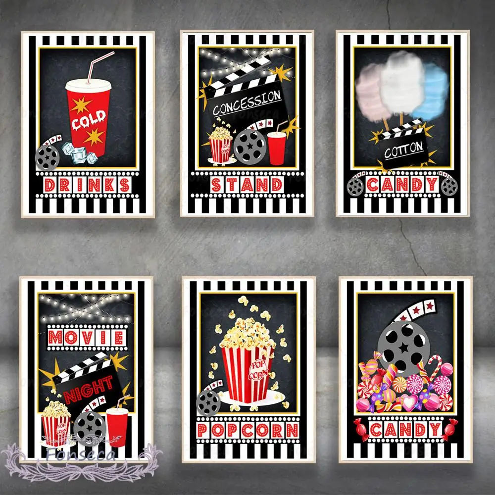 Filmu Nakts Puse, Logo, Plakātu, Popkorns Kokvilnas Candy Auksto Dzērienu Filmu Zīme, Auduma Krāsošana Dekoratīvie Attēli uz Kino Teātri