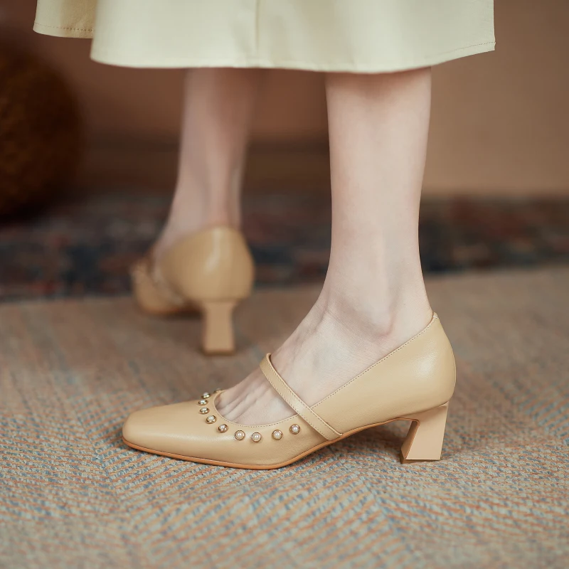 Sieviešu sūkņi, dabīgās Ādas apavi, 22-24.5 cm Pātagot augšējā Pilna ādas Pērle biezs papēdis kvadrātu toe Mary Jane kurpes sieviešu kurpes