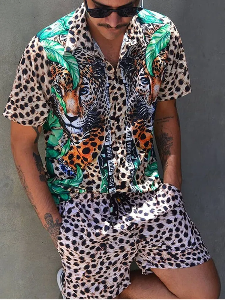 Ir 2021. Jauno Vasaras Vīriešiem Komplekti Streetwear Leopards Izdrukāt Atloks ar Īsām Piedurknēm Krekls Pludmales Šorti Havaju Vīriešu Uzvalki, 2 Gabali INCERUN 3X