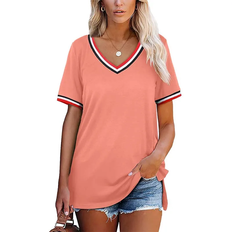 Vasaras T Krekls Sieviešu Apģērbu tīrtoņa Krāsu Īsām Piedurknēm Svītrainām Sexy V-veida kakla Topi Brīvs Raibs Sadalīts Gadījuma Streetwear Tee Krekls