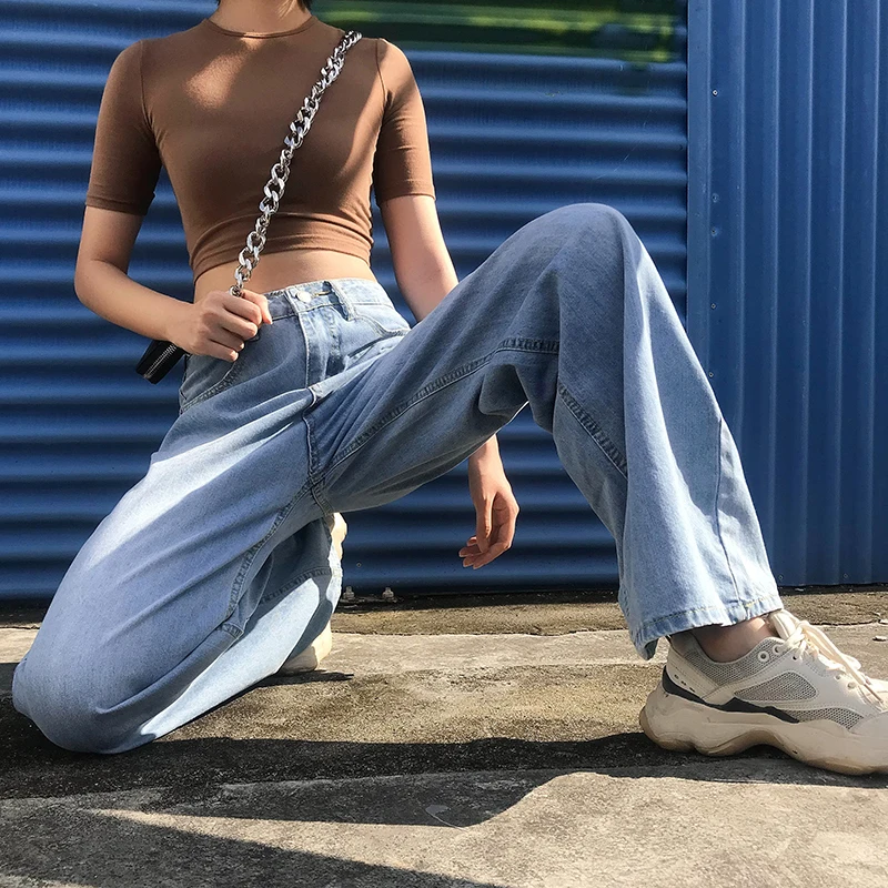 Sieviešu Džinsi Ar Augstu Jostas Drēbes Plaša Kāju Džinsa Apģērbu Zilā Streetwear Vintage Kvalitāte Ir 2021. Modes Harajuku Taisnas Bikses