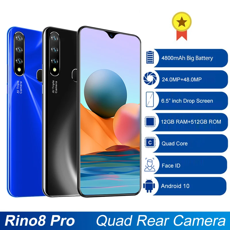 Top Pārdot Globālo Versiju Rino8 Pro Tālrunis 12+512 GB MTK6889 10 Core Face ID Andriod 10.0 4800mAh Liels Akumulators 24+48MP Viedtālruņu 5G