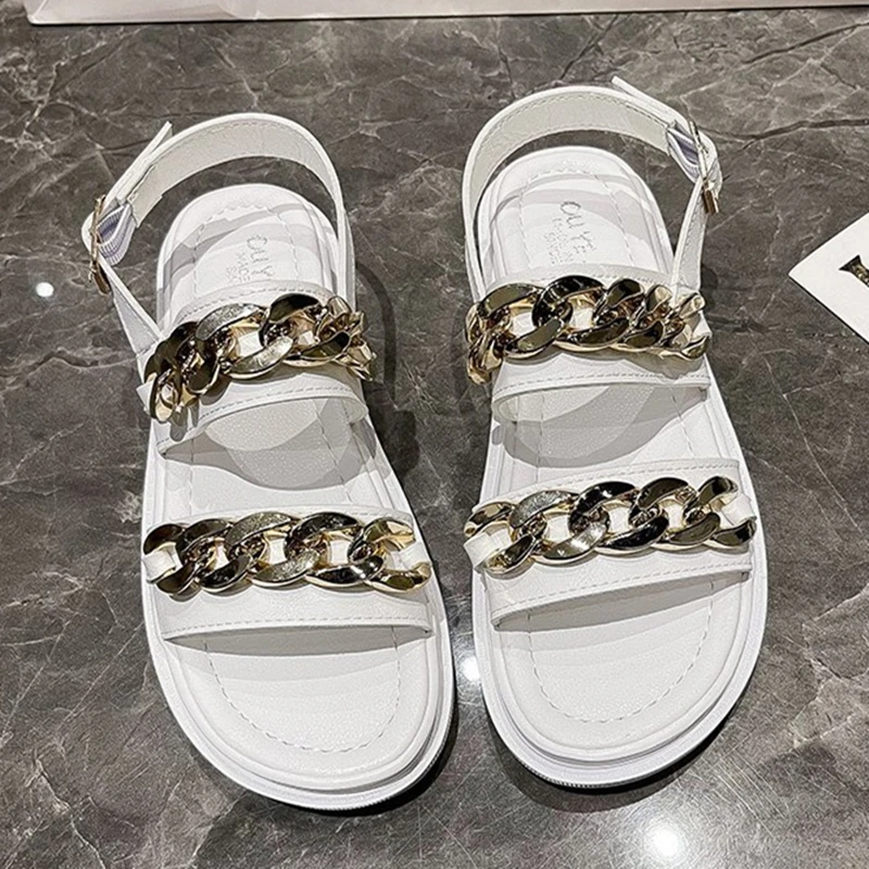 Plakandibena Sieviešu sandales Jaunas vasaras 2021 Sprādzes basām kājām modes Pludmales kurpes, Ķēdes apdare Romiešu apavi