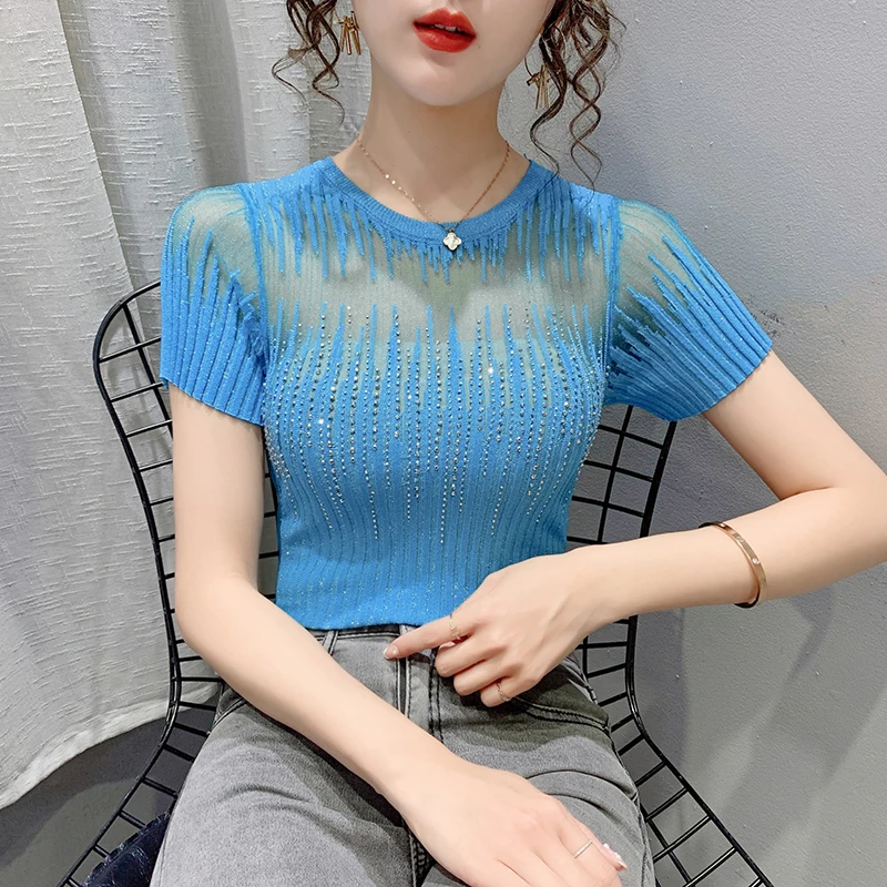 Vasaras korejas Drēbes Plānas Adīt T-krekls Sexy Dimantu Caurspīdīga Sieviešu Topi Ikdienas Īsās Piedurknes Elastīga Tees Jaunu 2021 T13001A