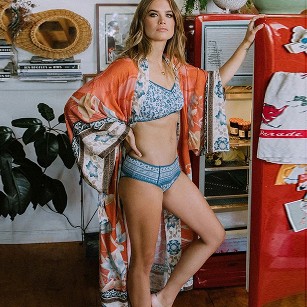 Bohemian Ziedu Iespiesti Beachwear Vintage Kimono Brīvdienu Bikini Uz Augšu, Drēbes De Plage Sarong Peldkostīmu, Pludmales Cover-Ups