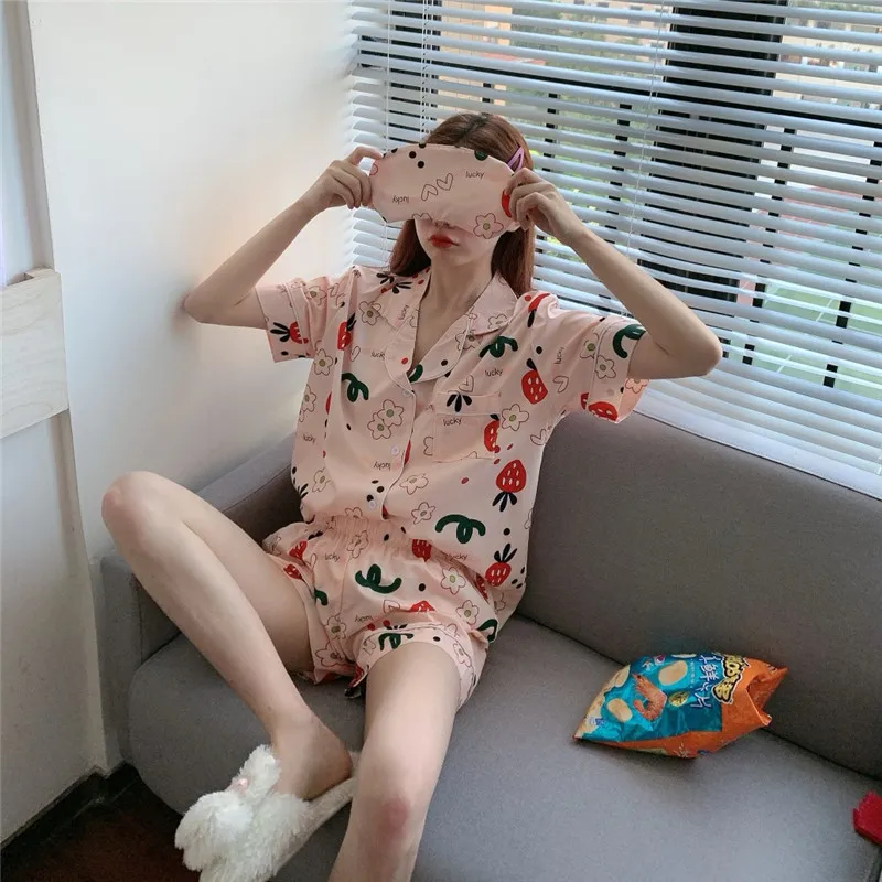 Gadījuma vasaras sievietēm zaudēt zemeņu ziedu drukāt robots apkakles krekls ar īsām piedurknēm pidžamas komplekts modes sleepwear mājām kas L272