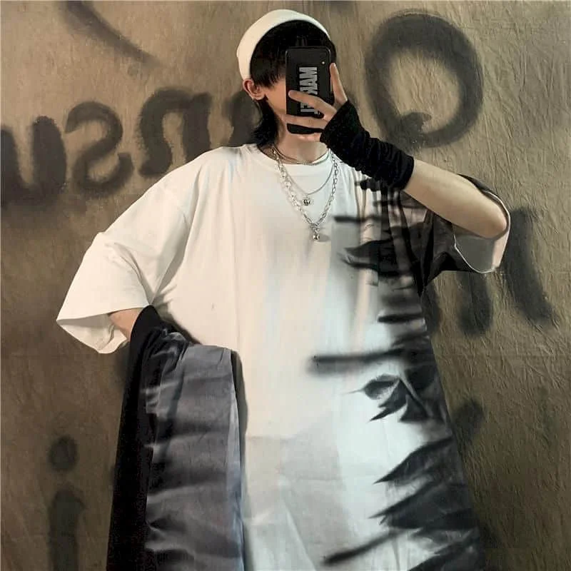 Īstermiņa piedurknēm Lielgabarīta Tshirt Vīriešu T-krekls Sievietēm Tendence Korejas Zaudēt Tumši Bēru Retro kaklasaišu krāsošanas Grafiti Topi Goth, Punk Drēbes