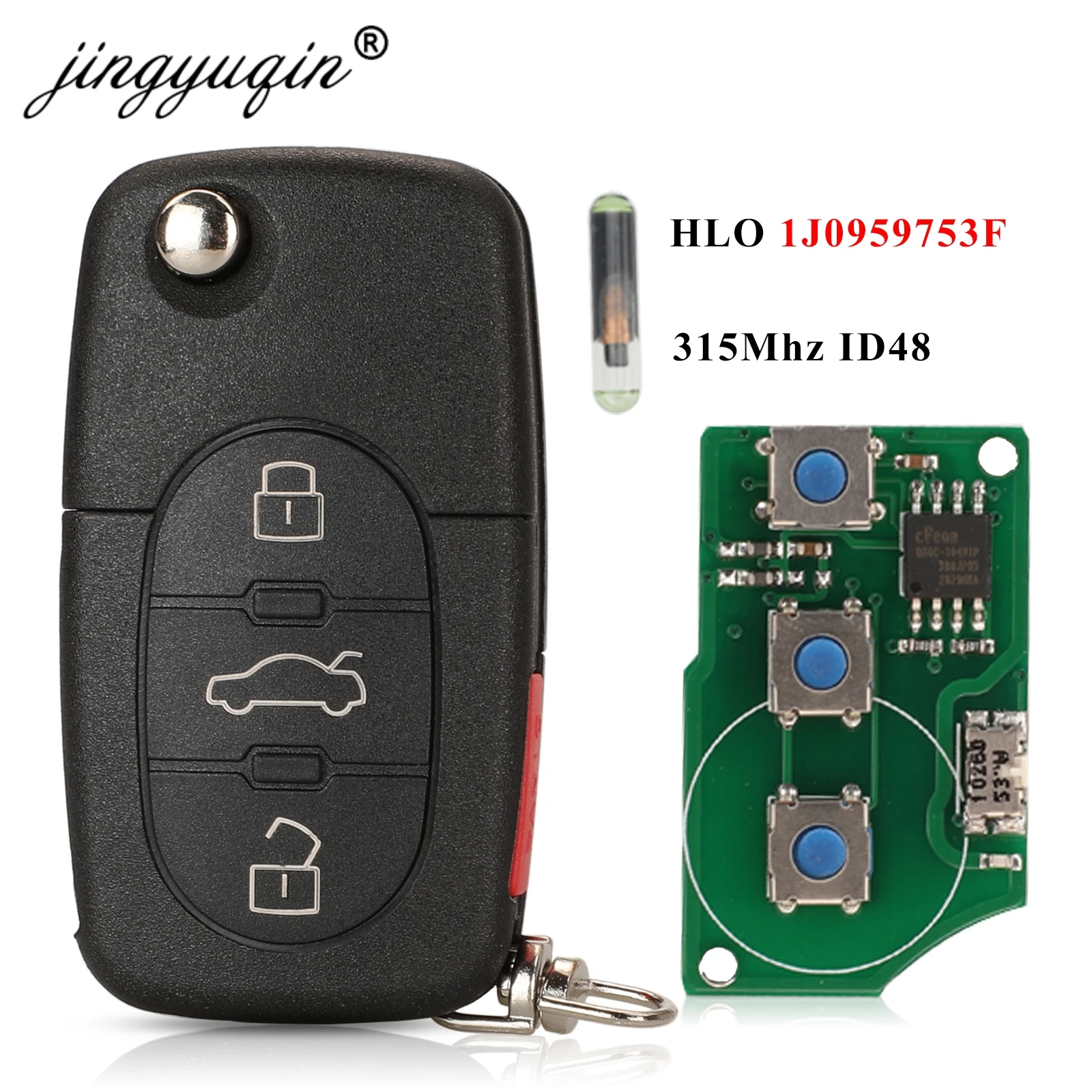 Jingyuqin 4 Pogas Tālvadības Auto Atslēgu Fob 1J0959753F 315Mhz VW Jetta Passat Vabole Golfa 1997-2001 ID48 Mikroshēmu 3+Panikas Auto atslēgu