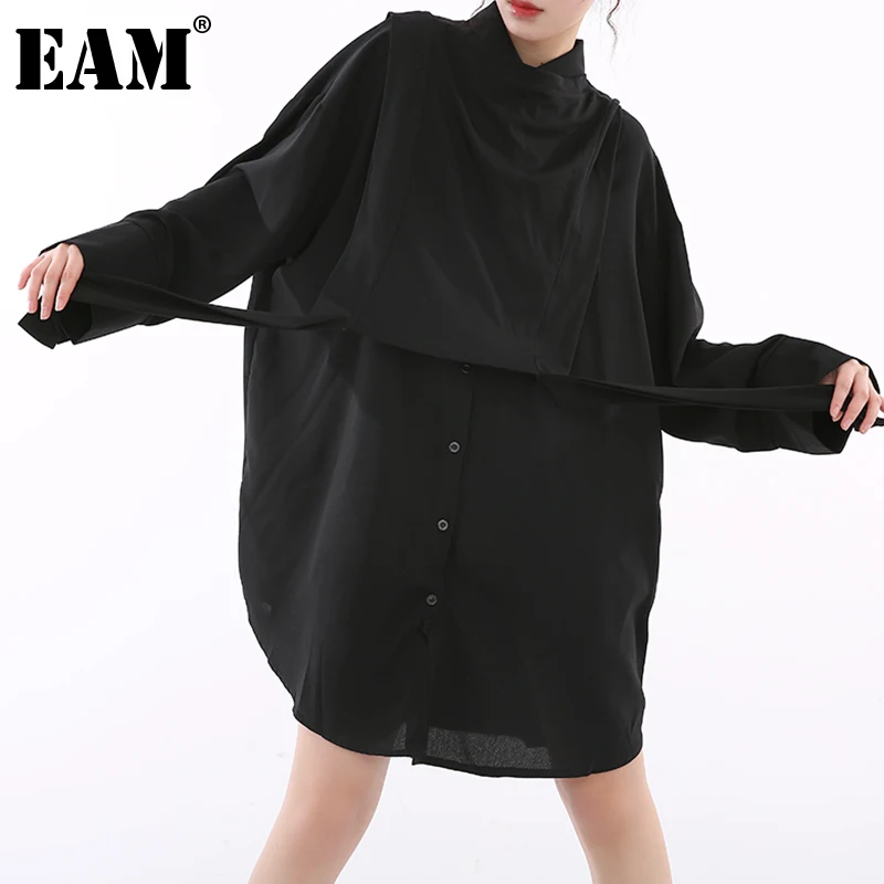 [EAM] Sieviešu Black Savienoti Lielo Izmēru Divas Gabals Blūze Jaunu Atloks ar garām Piedurknēm Loose Fit Krekls Modes Pavasara Rudens ir 2021. 1M88901
