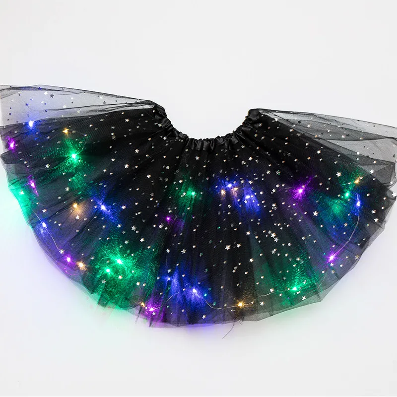 LED Spilgtas Gaismas Bērni Tilla zvaigžņu Svārki Īsi Tutu Mini Svārki Pieaugušo Princese Baleta Dancewear Puse Kostīmu Bumbu Kleita Mini svārki