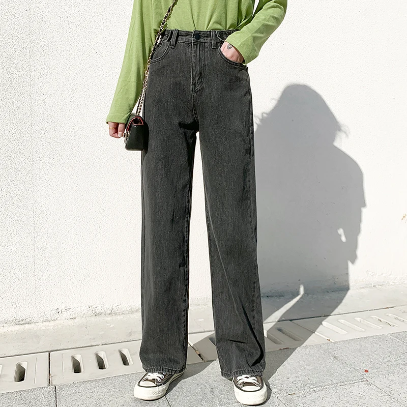 Sieviete Džinsi Ar Augstu Jostas Drēbes Plaša Kāju Džinsa Apģērbu Zilā Streetwear Vintage Kvalitāte Ir 2021. Modes Harajuku Taisnas Bikses Pelēkā Krāsā
