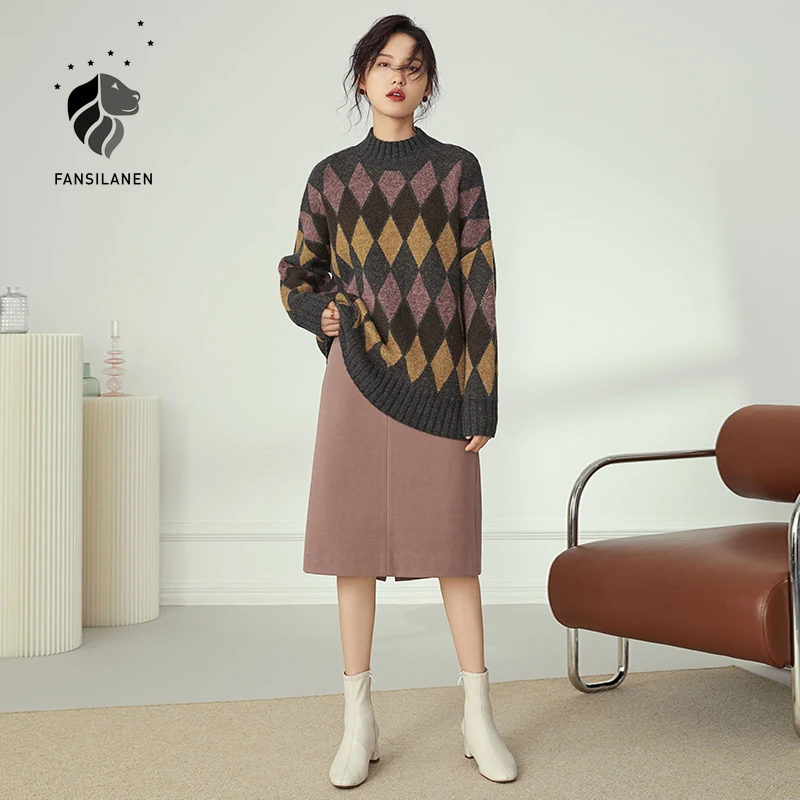 FANSILANEN Argyle pleds lielgabarīta trikotāžas džemperis Sievietēm gadījuma streetwear zaudēt pavasara Sieviešu džemperis ar garām piedurknēm vintage džemperis