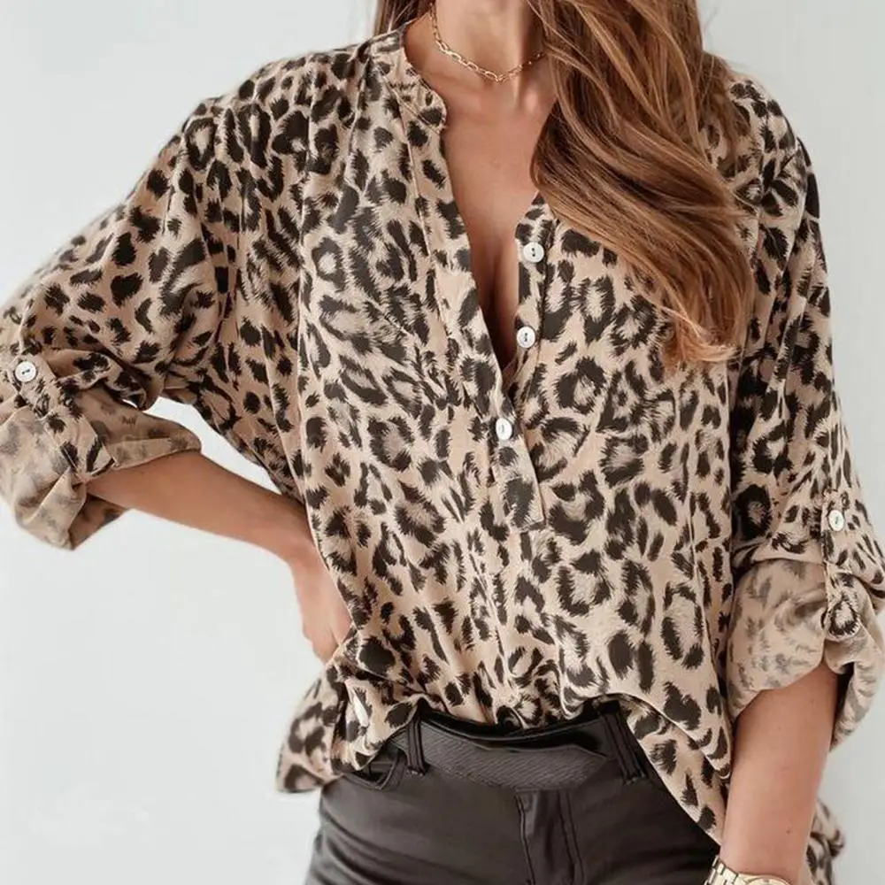 Plus Lieluma Sieviešu Krekls Modes garām Piedurknēm Stāv Apkakles Pogas Leopards Drukāt Biroja Slim Krekls, Blūze Topi рубашка женская 2021
