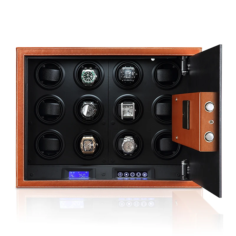 Luxury Brown Watch Safe Boxes Automatic Winding Rotation Mechanical Watches Storage Cabinet Showcase