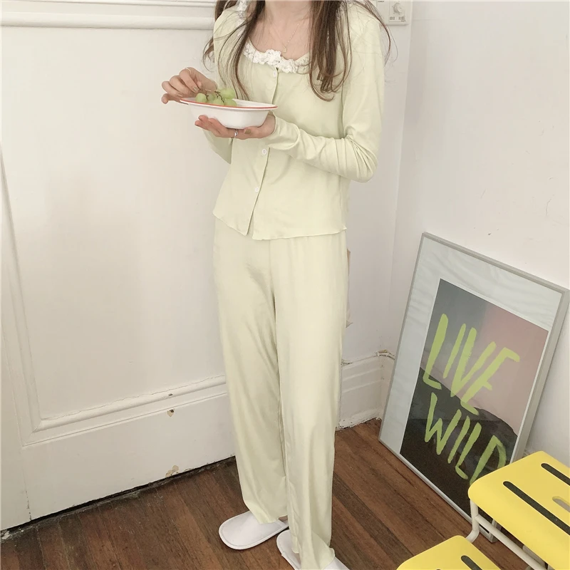 Lorea stila cietā mežģīnes ruffles sleepwear sieviešu pidžamas komplekts mājas tērps pavasara vasaras vienotā krūtīm, jakas bikses pijamas Y313
