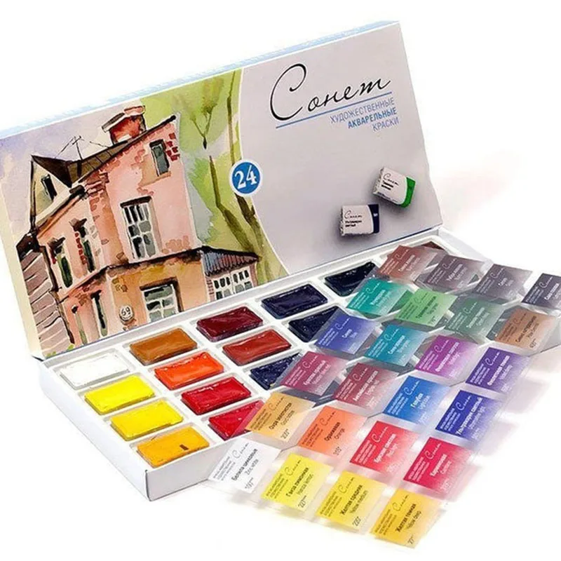 Akvareļu krāsas Sonnet 24 krāsu cuvette zīmēšanas mākslinieku gleznu produkti, preces, mākslinieku piederumi kopumu, eļļas, akrila krāsas, gruntējums,