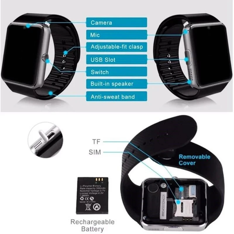 GT08 Bluetooth Smart Skatīties Pilnu skārienekrānu, Fitnesa Tracker Asins Spiediena Monitoru Atbalsts TF Karti Aproce Sporta Smartwatch