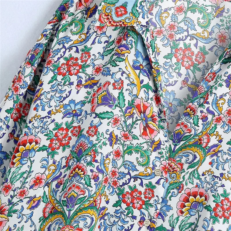 TRAF Za 2021 Ziedu Top Sieviešu Krekls ar garām Piedurknēm Blūzes Sieviešu Vintage Print Satīna Vasaras Blūzes Gadījuma Pogu, Līdz Gredzenūbele Krekls