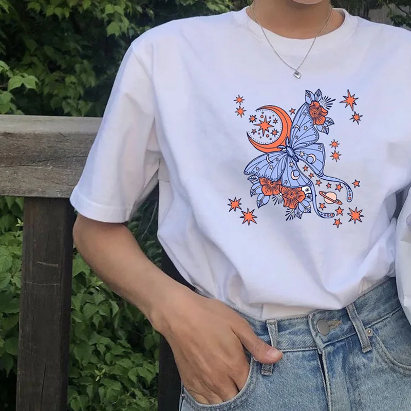 Butterfly Ziedu Mēness, Saules Sistēma, Grafiskais Tee Korejas Modes Kawaii Stilā Casual Smieklīgi T-Krekls Tumblr Gudrs Vintage Sievietēm, Topi