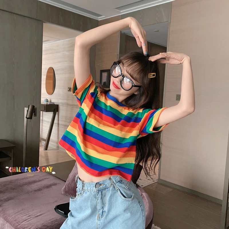 Varavīksnes Svītrains T-krekls Sievietēm ir Brīvs Īss Slim Minimālisma korejiešu Stilā, T Krekls Pavasara Vasaras Dāmas Harajuku Moderns Apģērbs