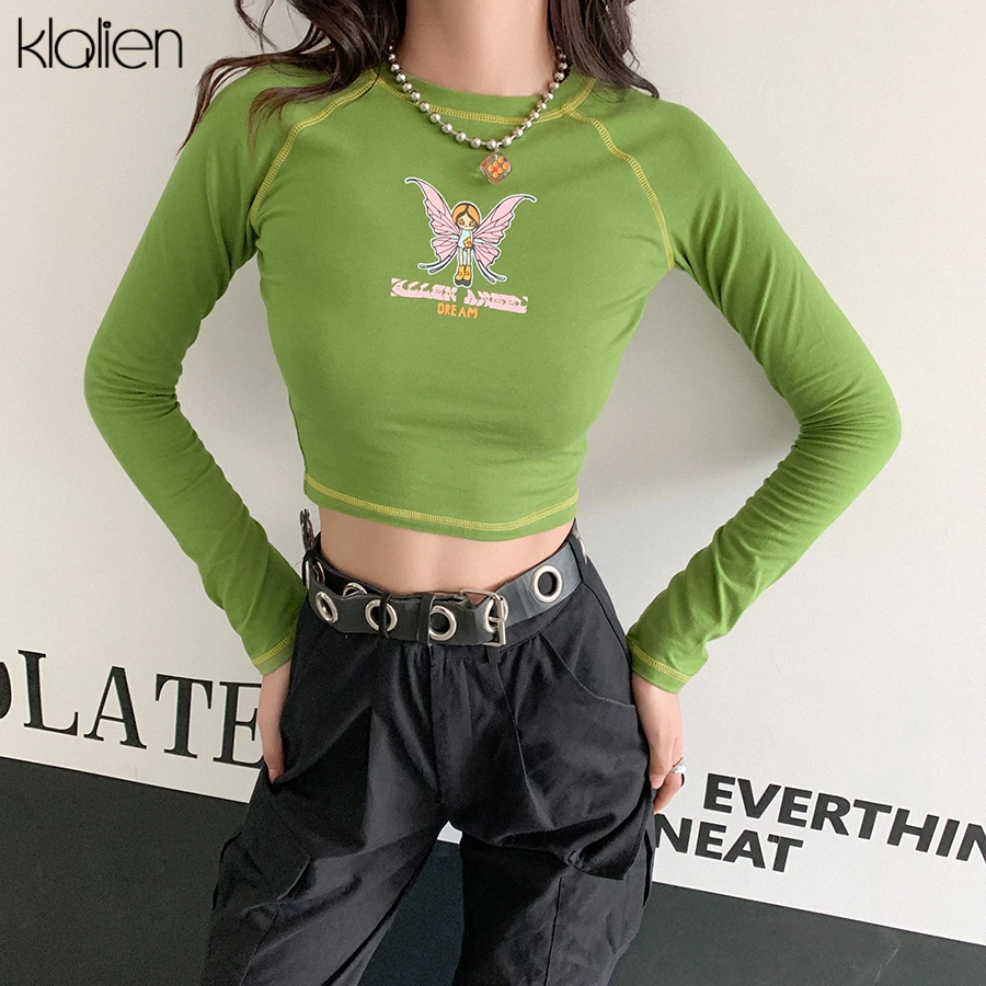 KLALIEN gudrs pokemon karikatūra sieviešu t krekls ar garām piedurknēm rudens izdilis kokvilnas top gadījuma streetwear savvaļas vienkārša estētiskās t krekls