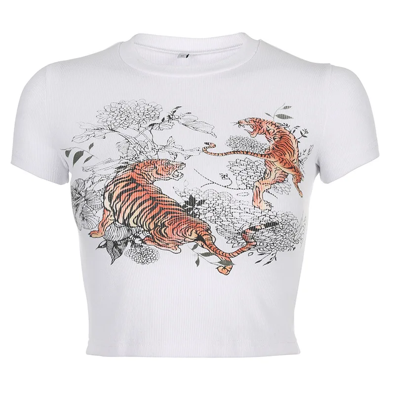 Tiger Drukas T Krekls Sievietēm Y2K Harajuku Salātu Pamata Īsi Topi O-veida kakla Gadījuma Kokvilnas ar Īsām Piedurknēm Izdilis Vasaras Streetwear 2021