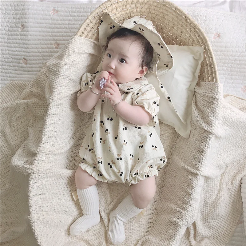 Baby Girl Vasaras Ķiršu Īsām piedurknēm viengabala Kokvilnas Kāpšanas Drēbes Kid Bērnu Fart Romper Cepuri Uzvalks XB43