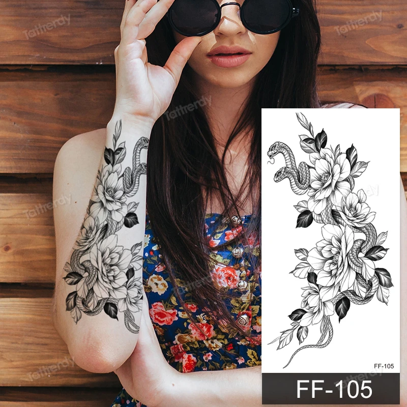 Čūska Ziedu Rožu Pagaidu Tetovējumu Uzlīmes Peonija Ūdensizturīgs Tetovējumiem Saulespuķu Armband Body Art Roku Viltus Piedurknēm Tetovējums Sieviešu Meitene
