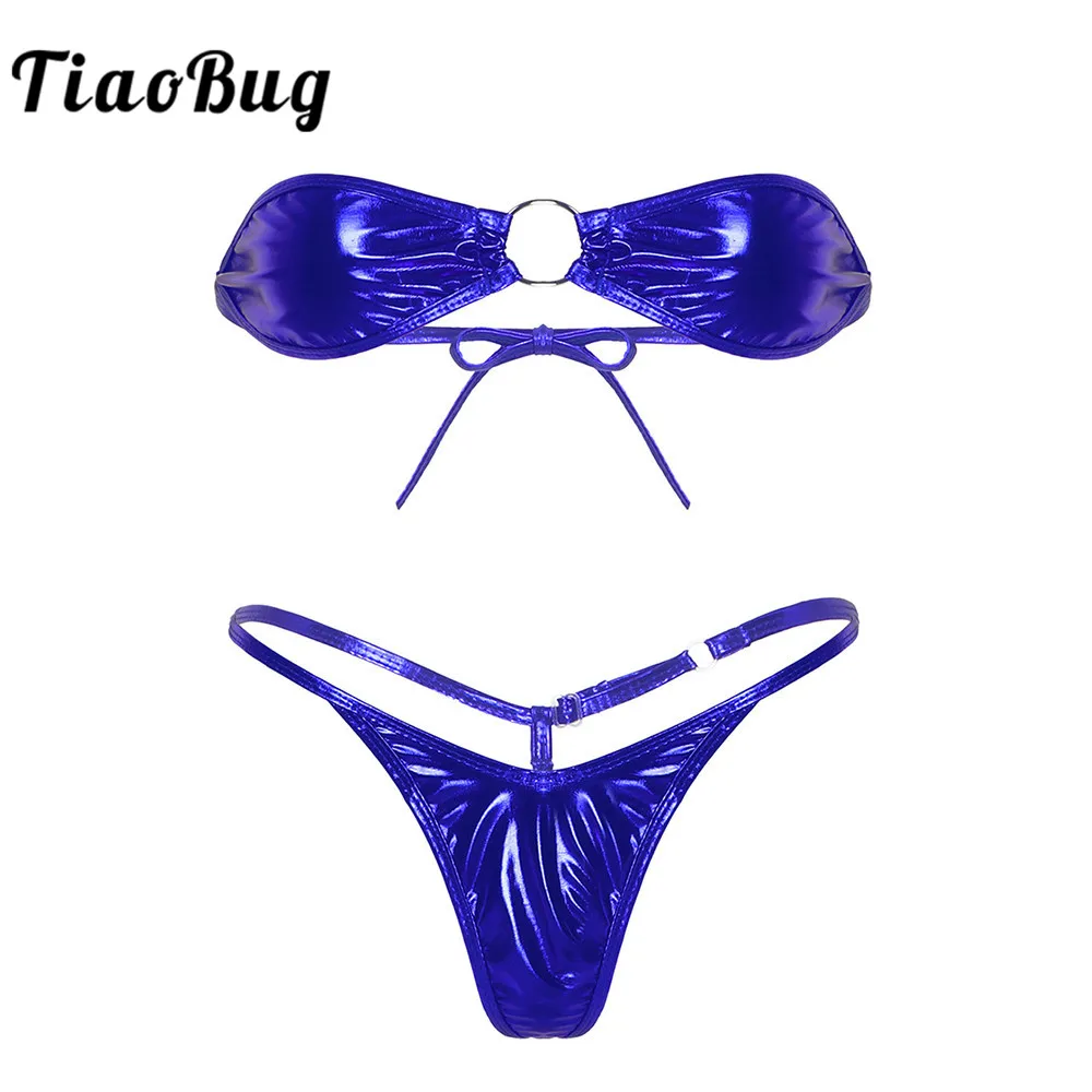 TiaoBug Sieviešu Spīdīga Metāla Sexy Bikini Komplekts Kaklasaiti-up Strapless Bra Mini Topi ar Siksniņām G-String Apakšveļa Peldbikses Beachwear