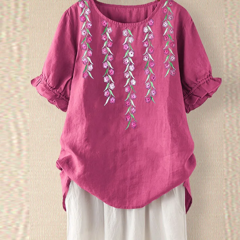 Vasaras Gadījuma Sieviešu Kokvilnas Blūzes Krekls Elegants Ziedu Drukāt Īsām Piedurknēm Blūze Ir 2021. Modes Dāmas Brīvs O-Veida Kakla Topi Džemperi