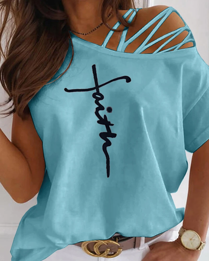 Vasaras Sieviešu Modes Vēstuli Izdrukāt Izgriezums Strappy Īsām Piedurknēm T-Krekls Plus Lieluma Apģērbu Streetwear Dobi No Pārsējs Gadījuma Augšu