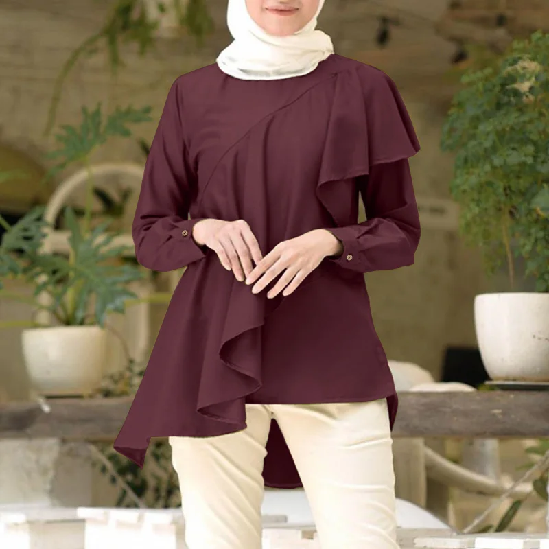 ZANZEA Musulmaņu Sieviešu Modes garām Piedurknēm Blūze Asimetriska Ruffles Kaftan Top Blūze Ir 2021. Gadījuma Chemise Tunika Blusas