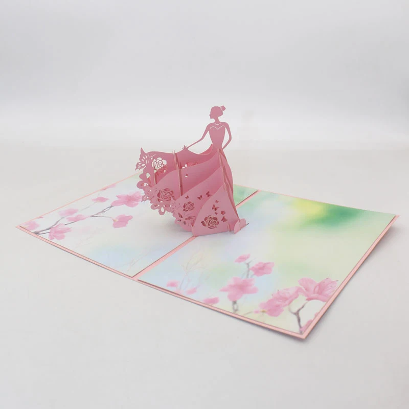 3D Roku Rozā Kāzu Kleitu Dejo Līgava Papīra Ielūguma, Apsveikuma Kartes, Pastkartes Valentīna Diena Iesaistīšanās Kāzu Dāvanu