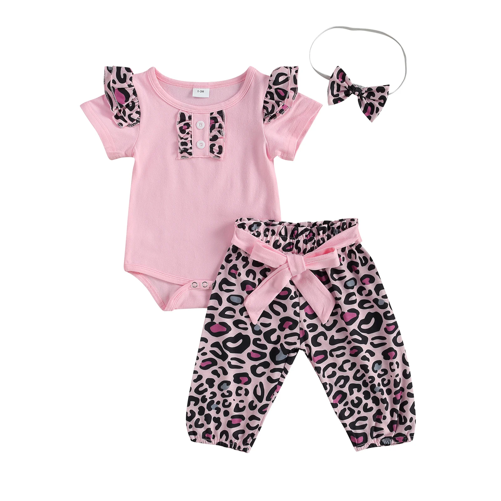 Jaunā Vasaras Bērnu Meiteņu Drēbes Leopard Komplekti Savirmot Romper un Leopards Drukāt Bikses ar Bowknot 0-12M