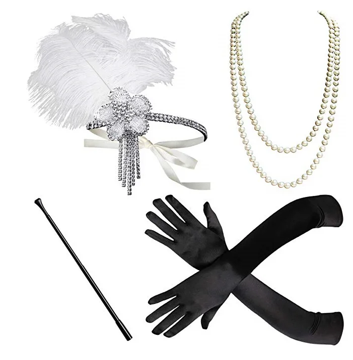 Ir 2021. 1920 flapper apģērba piederumus, Retro Puse aksesuārus GATSBY CHARLESTON galvu pērļu kaklarotu, baltu spalvu josla uz kāzām