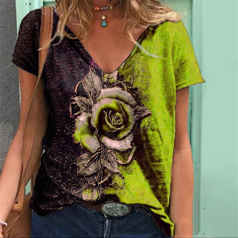 Ir 2021. Sieviešu Vasaras Apģērbu Modes 3D Rožu Ziedu Drukāt V Kakla Īsām Piedurknēm Casaul Lielgabarīta Harajuku Tees T-krekls, Dāmu Topi,